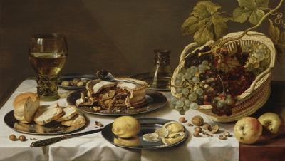Pieter Claesz Tabletop Still Life with Mince Pie and Basket of Grapes
